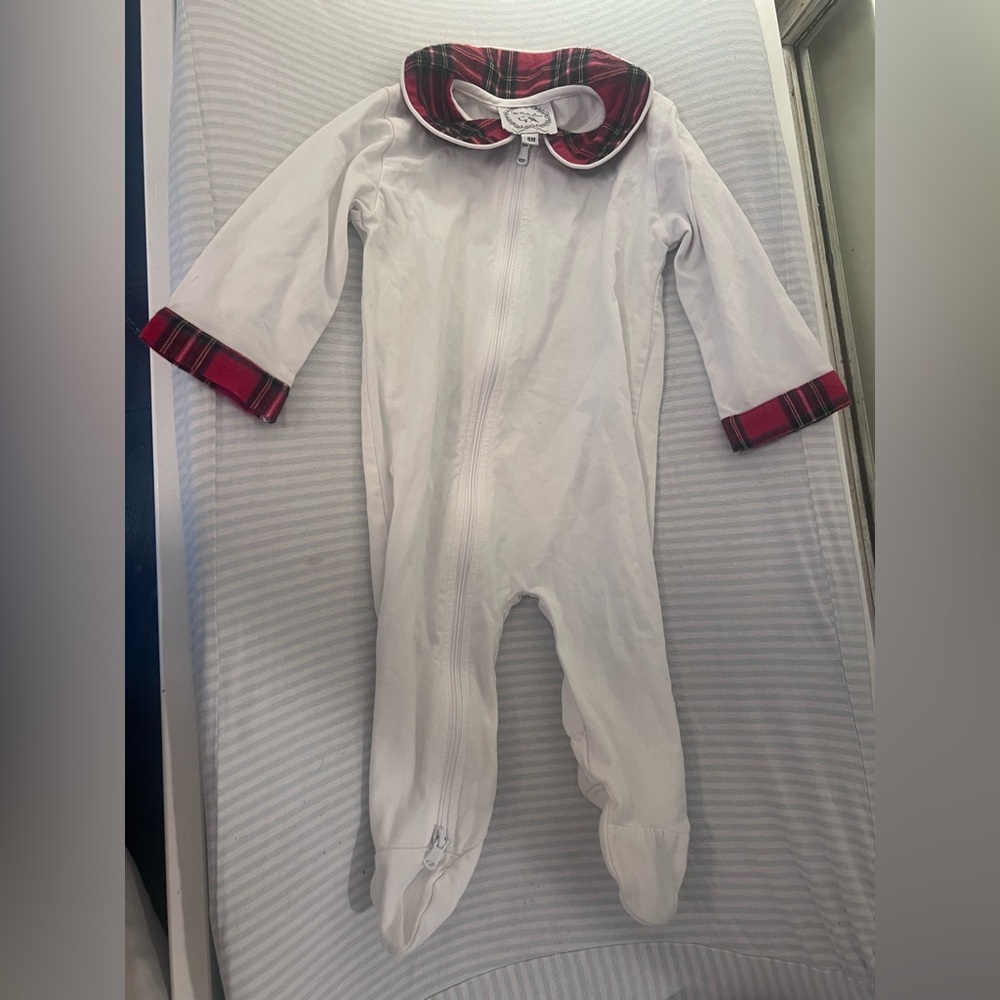 White and Red Plaid Footie PJs